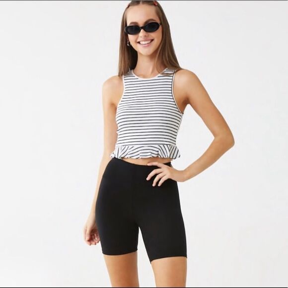 Forever 21 Stripe Ruffle Hem Tank Top M Cropped - Picture 2 of 7